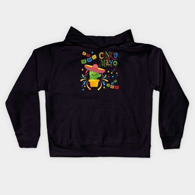 Cinco De Mayo Fun colorful celebration fifth may Mexican style cactus in Sombrero Kids Hoodie by BoogieCreates